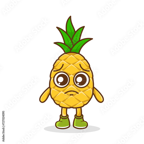 Cute sad pineapple fruit character, pineapple character with sad emotion, face, depressive eyes