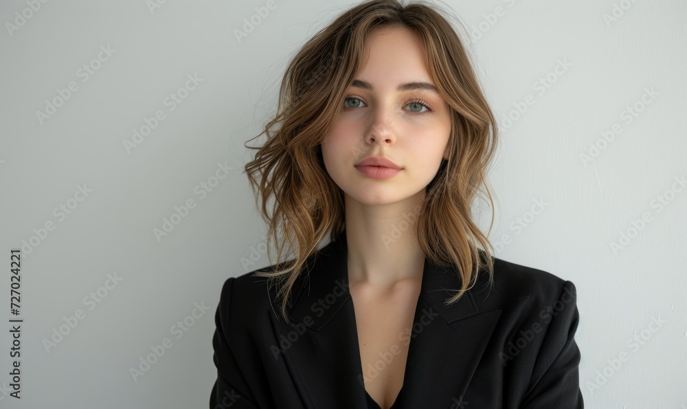 Fashion-forward woman poses in trendy attire against a white backdrop, exuding chic and modern vibes with ample space for custom text Fashion-forward woman poses in trendy attire against a white backdrop, exuding chic and modern vibes with ample space for custom text