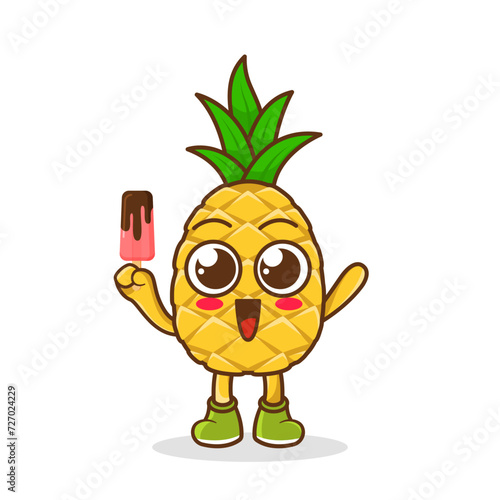 Cute smiling cartoon style pineapple fruit character holding in hand ice cream, popsicle.