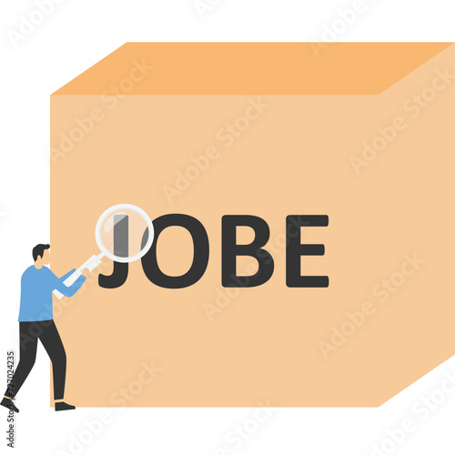 Searching for jobs, smart unemployed businessman using magnifying glass to looking at stack of boxes with the word Jobs.