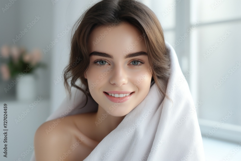 skin care, woman with perfect skin with towel after shower skin care, woman with perfect skin with towel after shower