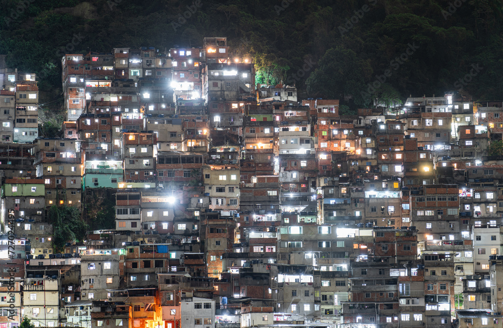 Densely Packed Houses in Urban Nighttime Hillside Favela