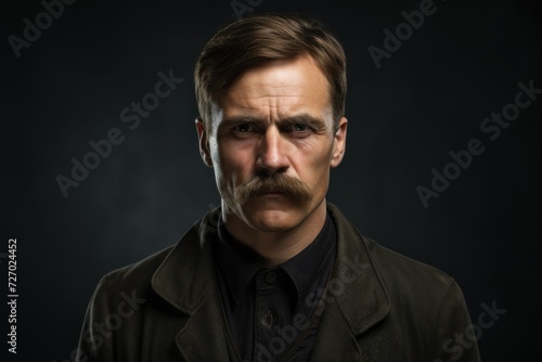 portrait of an adult 60 year old man with wrinkles and mustache, a neat worker with a lot of experience before retirement