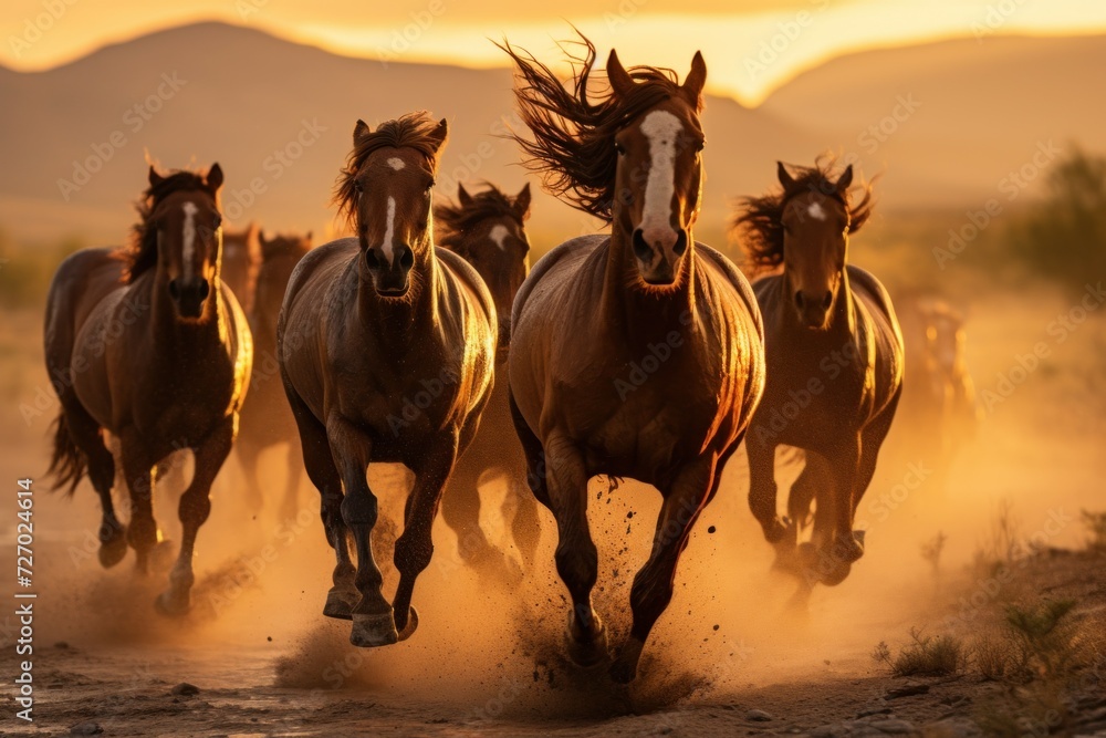 a herd of wild horses runs across the prairie