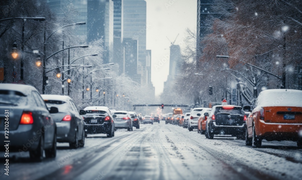 rush hour, city during heavy snowfall, snowstorm shackled streets, highways, hindering traffic, a lot of cars slowly go about their business, reduced visibility,  careful driving - obrazy, fototapety, plakaty 