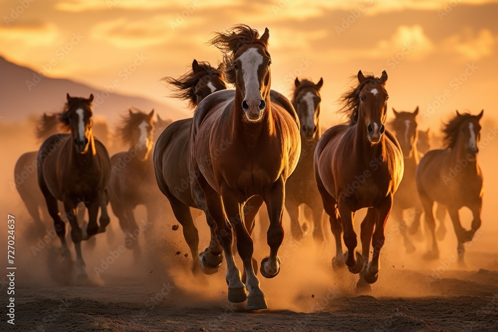a herd of wild horses runs across the dusty prairie
​
