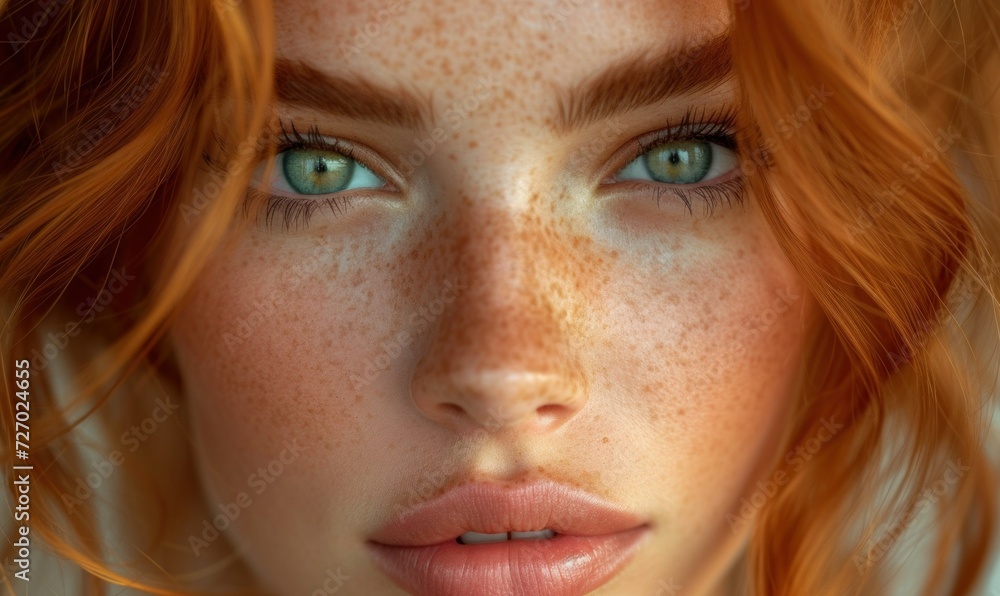 close-up portrait of a beautiful red-haired girl with freckles on perfect skin, green eyes and expressive sensual lips, the concept of natural beauty and natural care close-up portrait of a beautiful red-haired girl with freckles on perfect skin, green eyes and expressive sensual lips, the concept of natural beauty and natural care