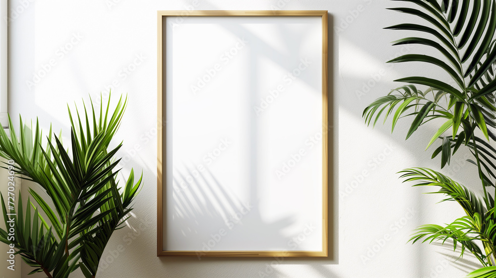 White sheet of paper in a white frame on a wooden background decorated with green leaves White sheet of paper in a white frame on a wooden background decorated with green leaves