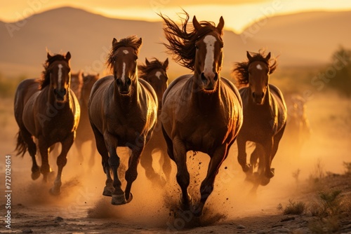 a herd of wild horses runs across the prairie © Jam