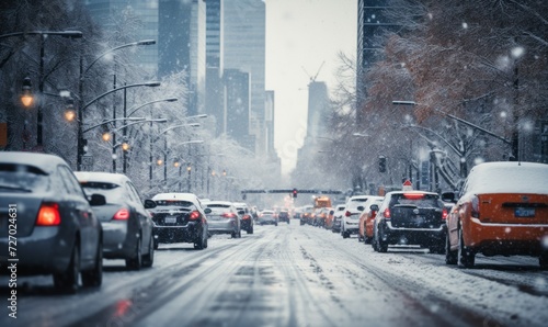 rush hour, city during heavy snowfall, snowstorm shackled streets, highways, hindering traffic, a lot of cars slowly go about their business, reduced visibility,  careful driving photo