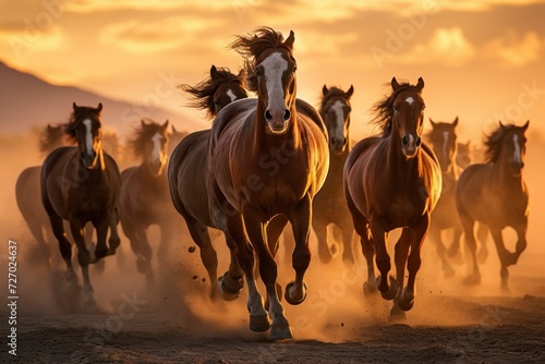 a herd of wild horses runs across the dusty prairie    
