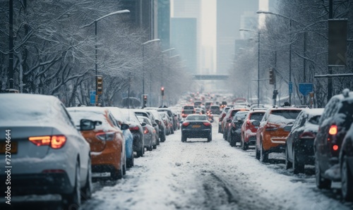 rush hour, city during heavy snowfall, snowstorm shackled streets, highways, hindering traffic, a lot of cars slowly go about their business, reduced visibility, danger of accidents, careful driving