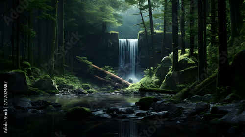 Enchanting Forest Waterfall with Lush MossCovered Rocks Easily Discoverable Stock Image wi,, An enchanting forest, a cascading waterfall gushes down moss-covered rocks, surrounded by towering trees . 