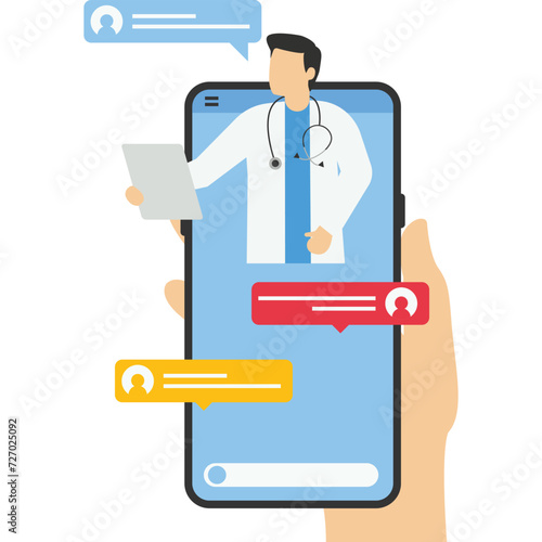 smartphone screen with female therapist on chat in messenger and an online consultation. Vector flat illustration. Ask doctor. Online medical advise or consultation service, tele medicine, cardiology
