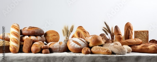 Different types of bread, rolls and pastries, food concept banner panorama. Generative Ai.