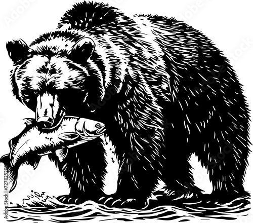 grizzly bear at riverside with fish, in the style of monochromatic graphic design, isolated vector design, wood engraving style,