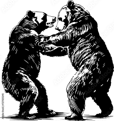 two bears fighting on a white background, in the style of wood engraving, detailed monochrome, animal illustration