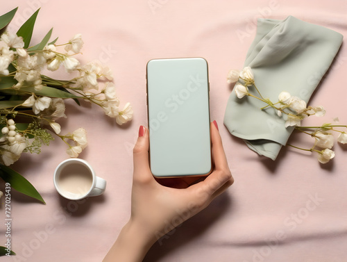 Woman hands taking top view smartphone blank mockup of spring fashion accessories