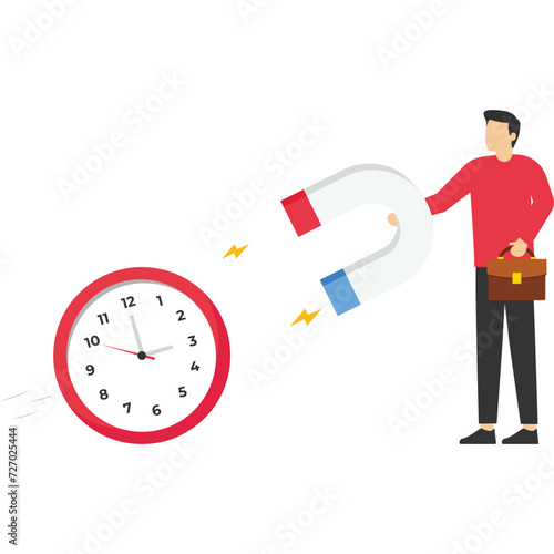 Time management, smart businessman using magnet to stop clock hand metaphor of time manipulation.

