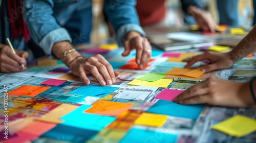 In-depth of several people engaged in a hectic meeting of thought with laptops and colorful note stickers, Generative AI.