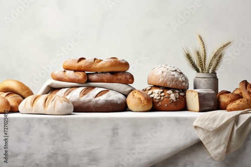 Different types of bread, rolls and pastries, food concept. Generative Ai.