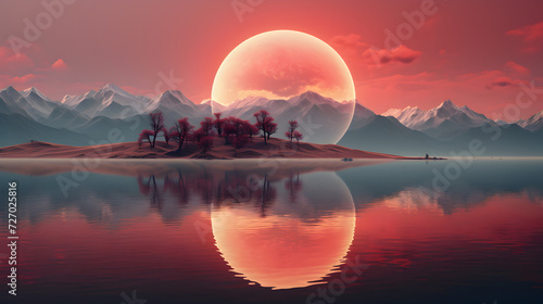 Abstract wallpaper with sunset on sunrise and the reflection on lake 3d render,, an image of a red moon with trees in the background Pro Photo