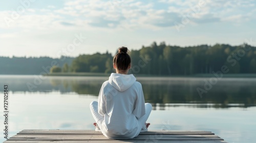 A woman in a white hoodie, sitting on a pier, with a serene lake behind her, hoodie's mockup