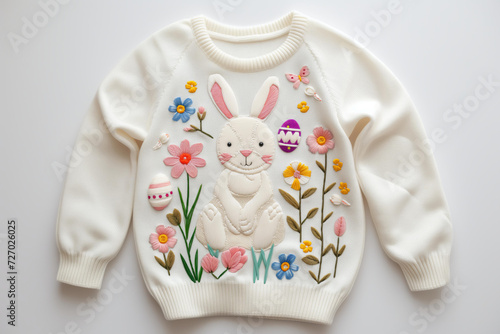 
Children's easter sweater, Easter bunny, flowers, Easter eggs . embroidered art, highly detailed, with a white background