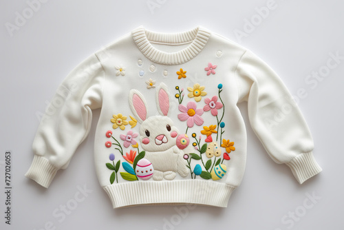  Children's easter sweater, Easter bunny, flowers, Easter eggs . embroidered art, highly detailed, with a white background