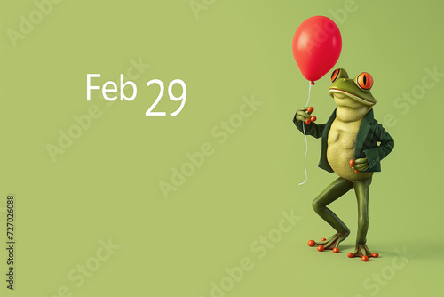 Cute frog wearing green vintage suit holds out a ballon with "Feb 29" inscription on it. Isolated on pastel green background. leap year concept 