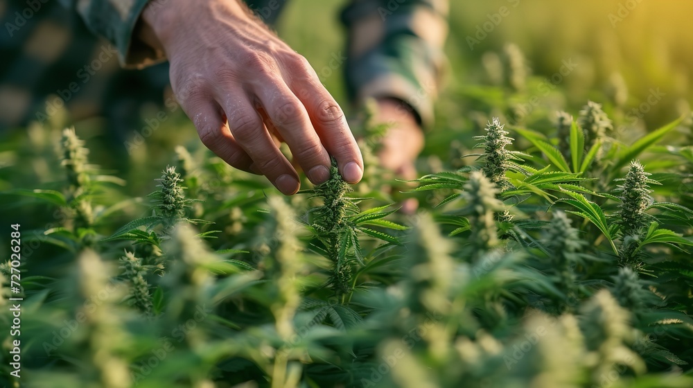 Male hands holding cannabis flower in field with a big empty space, Generative AI.