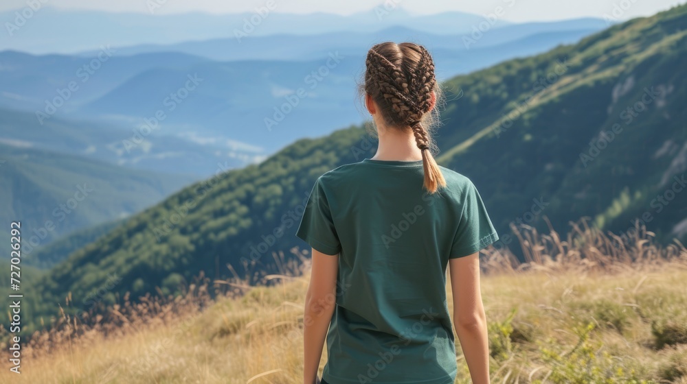 A woman with a braided crown hairstyle is hiking in the mountains, wearing a blank, forest green T-shirt. The breathtaking mountain view in the background, T-shirt’s mock-up 