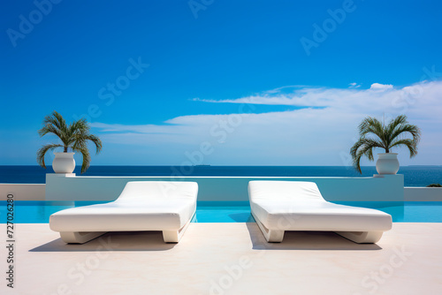 Two sun beds at pool in the tropical resort, clear blue sky vacation background