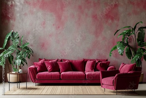 Living room in trend viva magenta color 2023 year. A bright sofa accent. Plaster microcement wall background. Crimson, burgundy, tones of room interior design. generative ai. photo