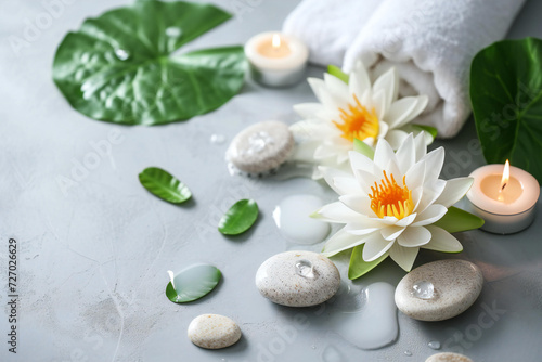  lotus flowers  white towell  oval stones  candles green leaves. spa concept isolated on light grey background. spa content