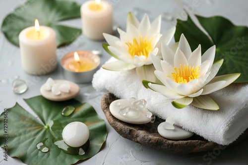  lotus flowers, white towell, oval stones, candles,green leaves. spa concept isolated on light grey background. spa content