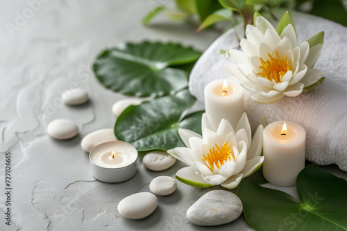  lotus flowers  white towell  oval stones  candles green leaves. spa concept isolated on light grey background. spa content