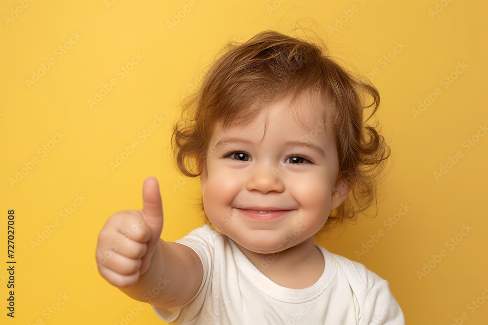 smiling toddler with thumb up isolated on pastel yellow background
smiling toddler with thumb up isolated on pastel yellow background