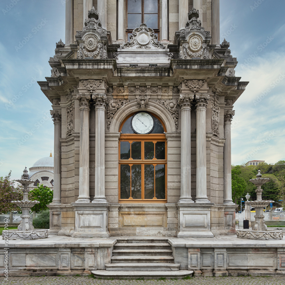 Dolmabahce Clock Tower, Turkish: Dolmabahce Saat Kulesi, situated outside Dolmabahce Palace, Istanbul, Turkey 