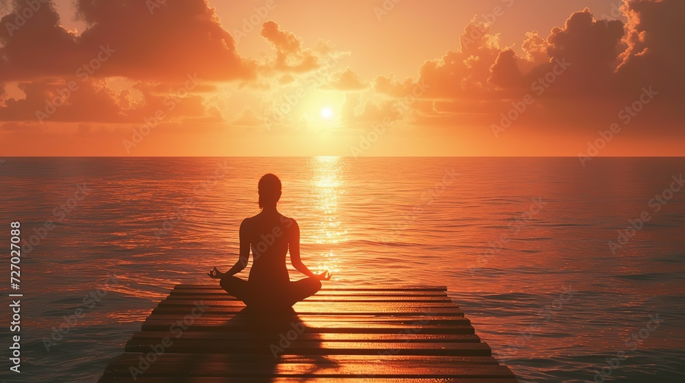 The silhouette of an individual in a meditative pose is captured against the breathtaking backdrop of a vibrant ocean sunrise. The silhouette of an individual in a meditative pose is captured against the breathtaking backdrop of a vibrant ocean sunrise.