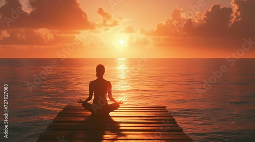 The silhouette of an individual in a meditative pose is captured against the breathtaking backdrop of a vibrant ocean sunrise.
