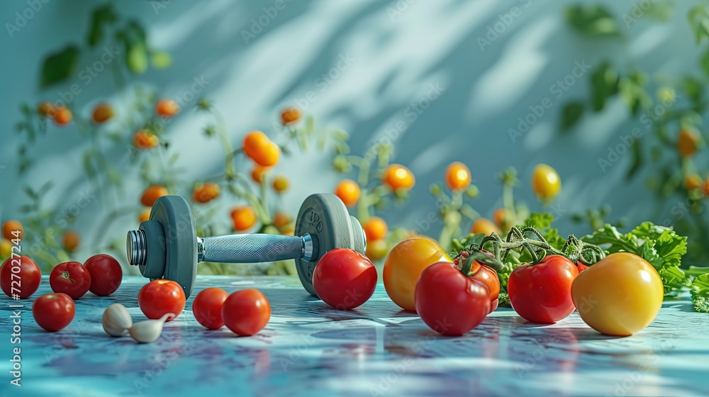 Obraz premium A scene combining fitness with nutrition, featuring dumbbells and a variety of fresh tomatoes on a light blue background.