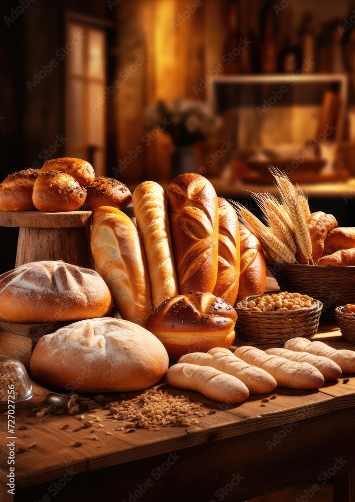 Different types of bread, rolls and pastries, food concept. Generative Ai.