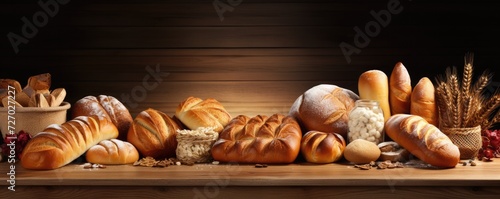 Different types of bread, rolls and pastries, food concept banner panorama. Generative Ai.