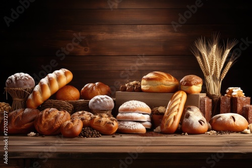 Different types of bread, rolls and pastries, food concept. Generative Ai.