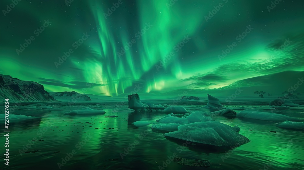 The stunning aurora borealis casts a vibrant green glow over the icy waters and floating icebergs of the Arctic, creating a surreal landscape.