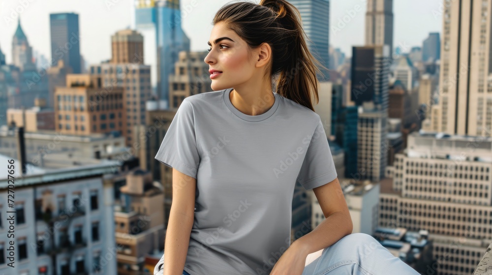 A woman with a loose, low ponytail is lounging on a city rooftop, wearing a blank grey T-shirt. The cityscape behind her provides a modern, urban feel to the T-shirt, mockup