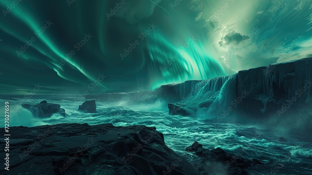 Majestic Northern Lights (Aurora Borealis) illuminating the night sky above a rugged icy ocean landscape, evoking wonder and the natural world's beauty.