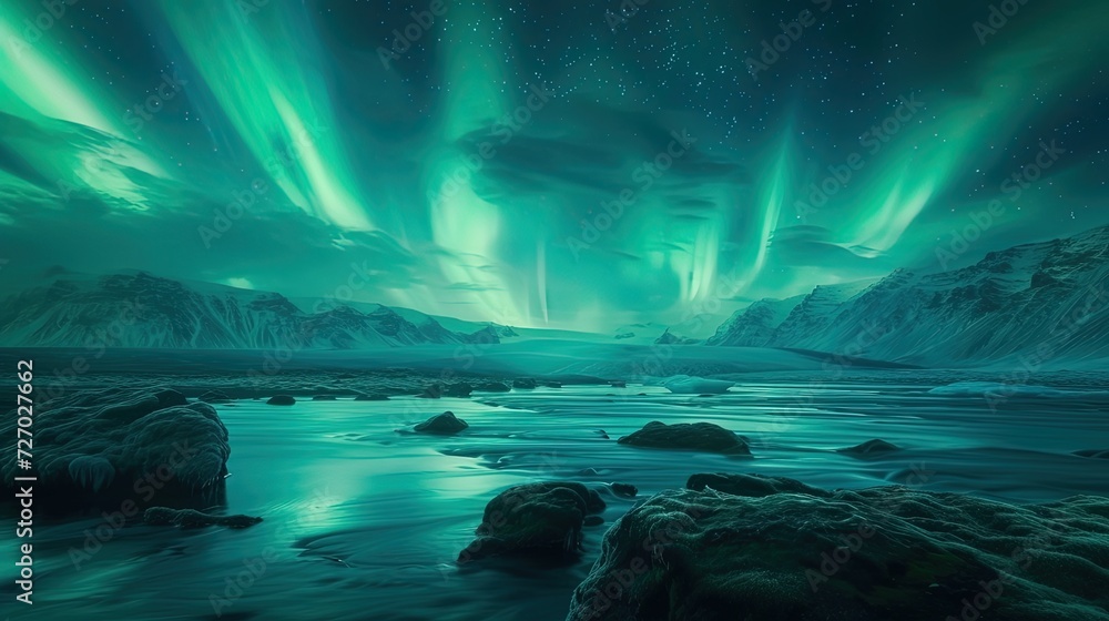 A breathtaking display of the Aurora Borealis over a serene glacier lagoon with snow-covered mountains in the backdrop, creating a mystical atmosphere.