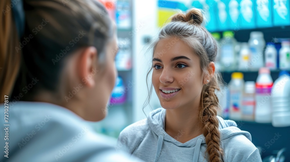 A woman with a ponytail and athletic attire, discussing the impact of sports drinks on dental health with dentist
